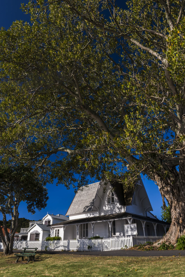 A well kept historical home shaded by old growth trees